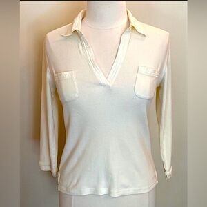 Rafaella Cream Long Sleeve 100% Cotton Pockets Knit Casual Top Size Small